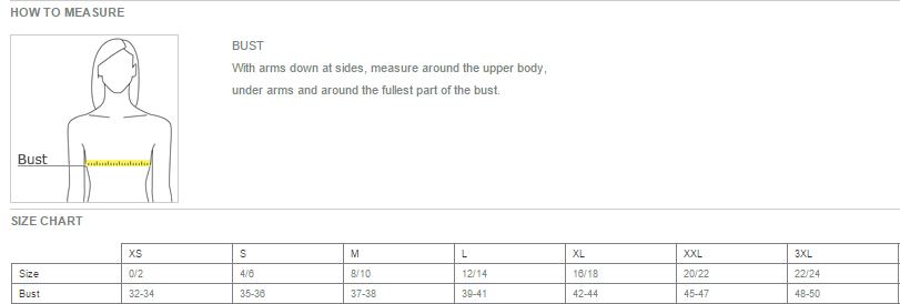 Ladies SS Tee Size Chart