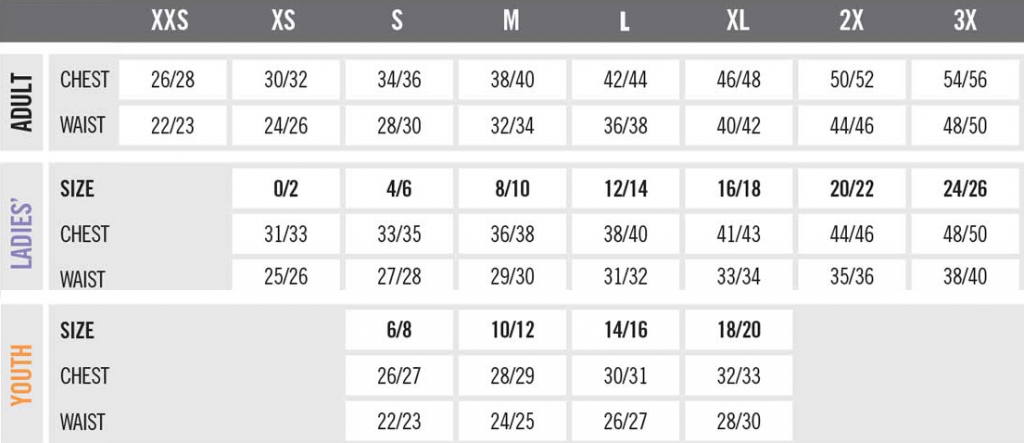 Holloway Size Chart